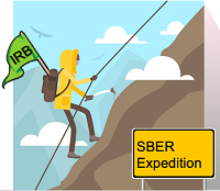 Climber with IRB flag scaling "SBER Expedition" mountain