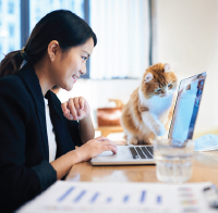 Woman working from home with her cat